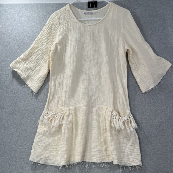 Bird & Knoll Tunic Mini Dress Beige Gauze Crinkle Cotton Lagenlook s/m - Picture 1 of 16